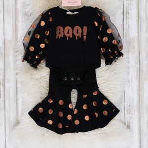 Marie Nicole Halloween Boo Black Silver Orange Tulle Long Sleeve Onesie and Pant